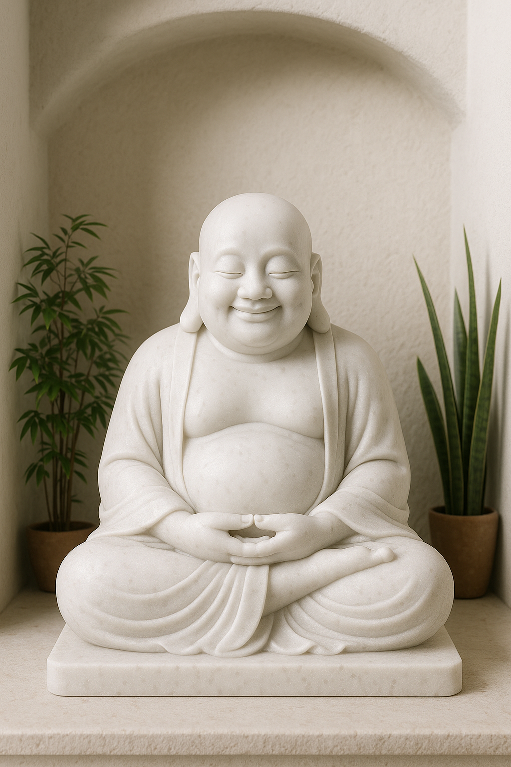 Vietnam White Marble Laughing Buddha Statue, 24-Inch